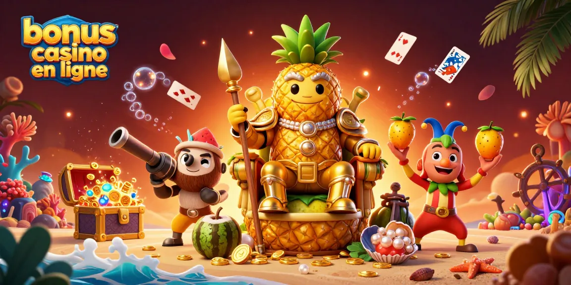 Bonus casino en ligne : découvrez un roi des fruits entouré de joyaux et de jeux de hasard sur une plage.
