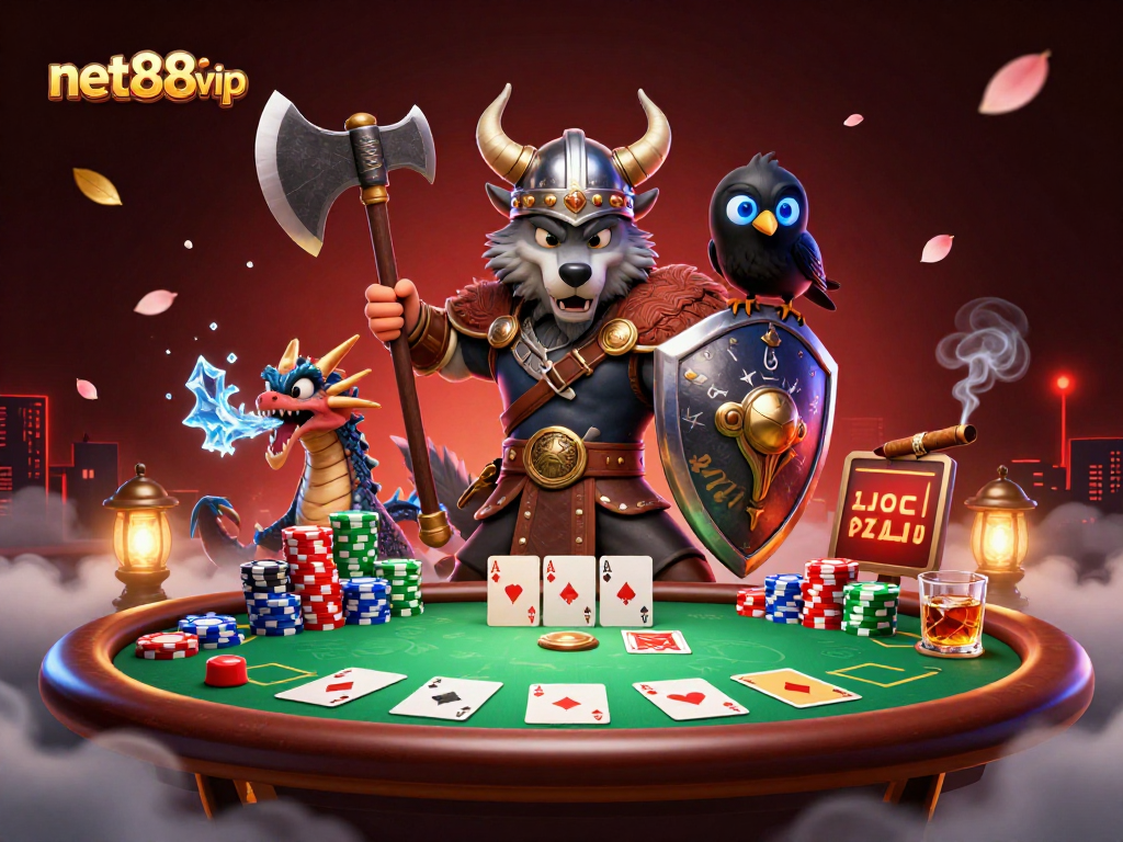 Experience thrilling poker action with net88vip's vibrant Viking-themed casino illustration.