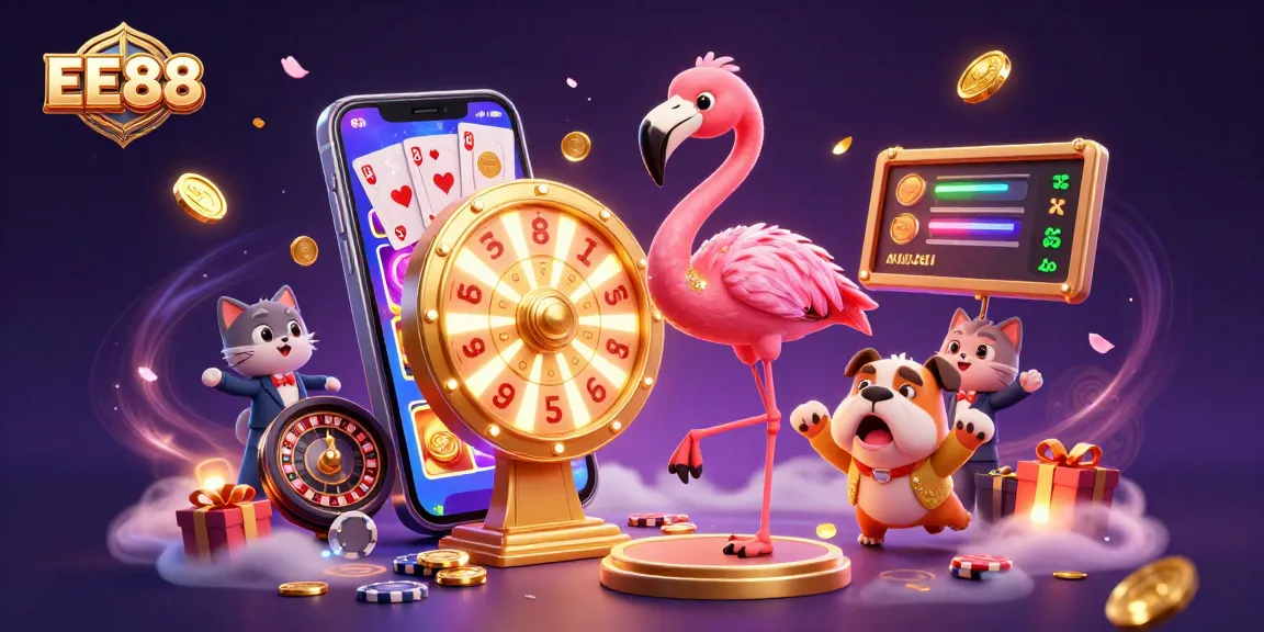EE88 showcases a vibrant casino scene with a flamingo game host and a bulldog contestant amid dynamic gaming elements.