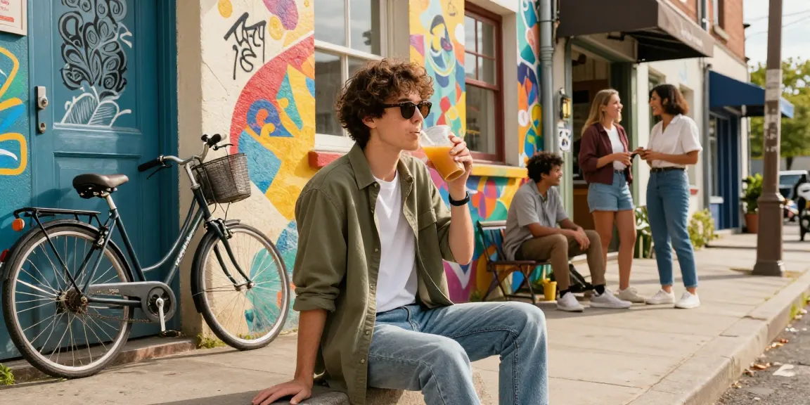Motchill lifestyle scene with young adult enjoying trendy urban fashion in vibrant street.