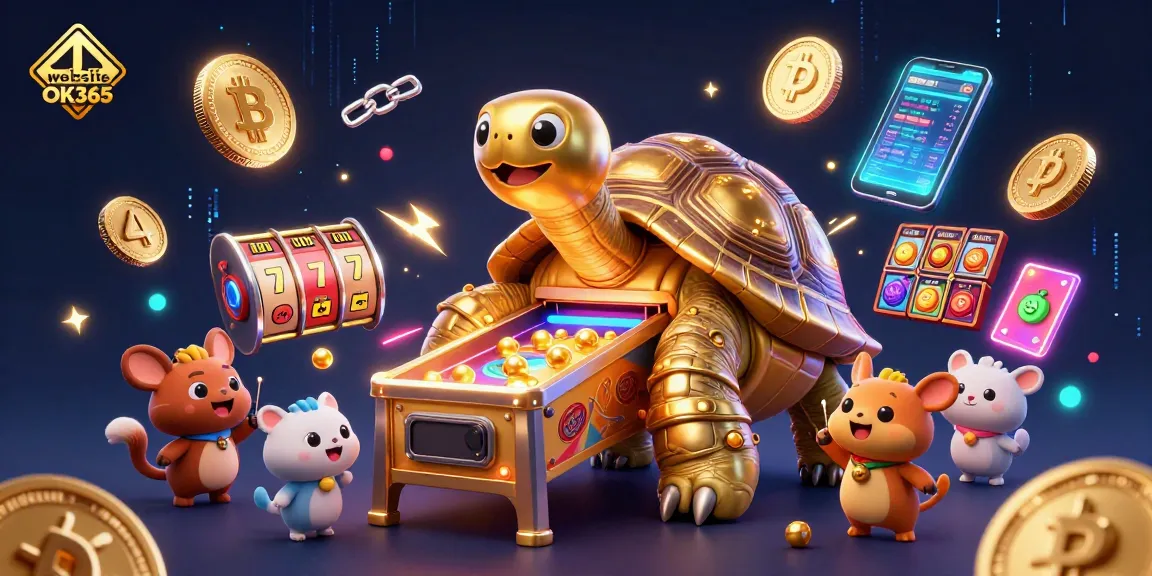 Experience excitement with the website OK365, featuring a whimsical golden tortoise slot machine.