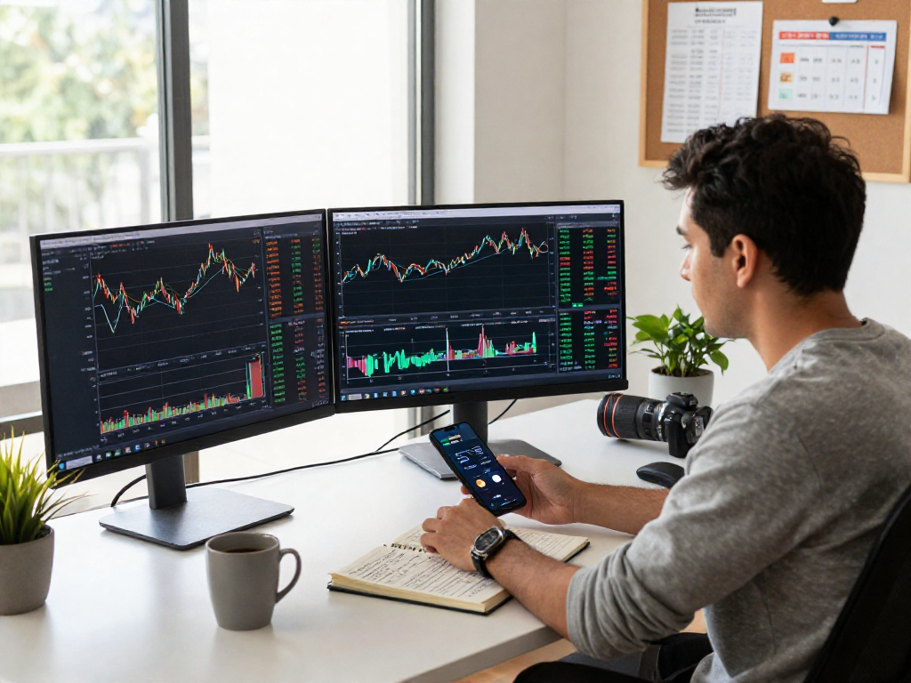Trader using TradingView for market analysis in a bright home office