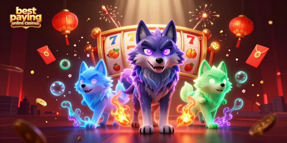 Engage with the best paying online casinos featuring a dynamic wolf pack leader and vibrant casino elements.