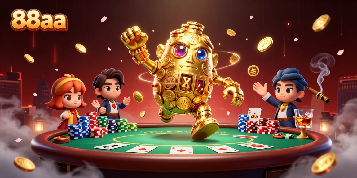 Bet on 88aa with a dazzling scene featuring a golden golem and vibrant poker elements.