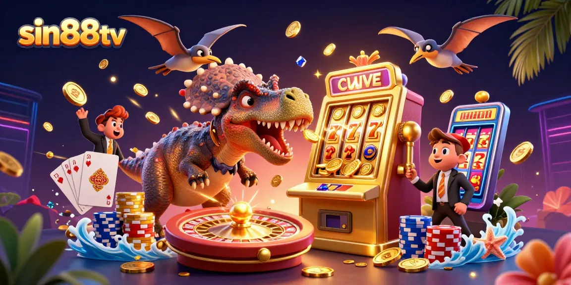 Watch a pachycephalosaurus win big at sin88tv's slot machine, surrounded by cascading coins.