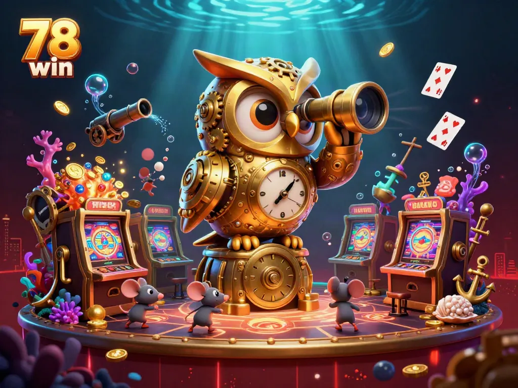 Engage with the 78 win dynamic casino scene featuring an owl and mice amidst vibrant slot machines.