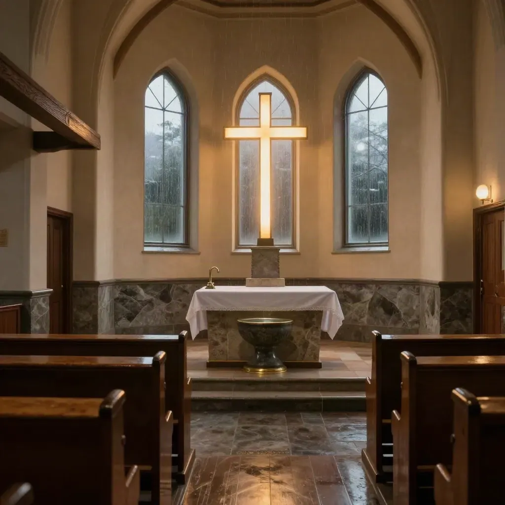 Moody church sanctuary with cross, pews, communion table and baptismal font at rainy dusk.