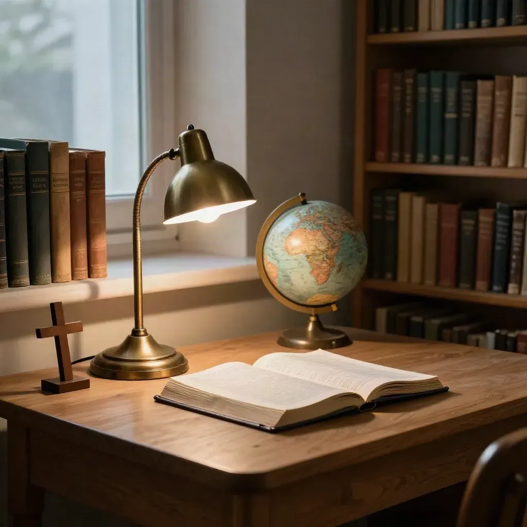 Church Bible study corner with lamp, notebooks, globe, worn books and a wooden cross.