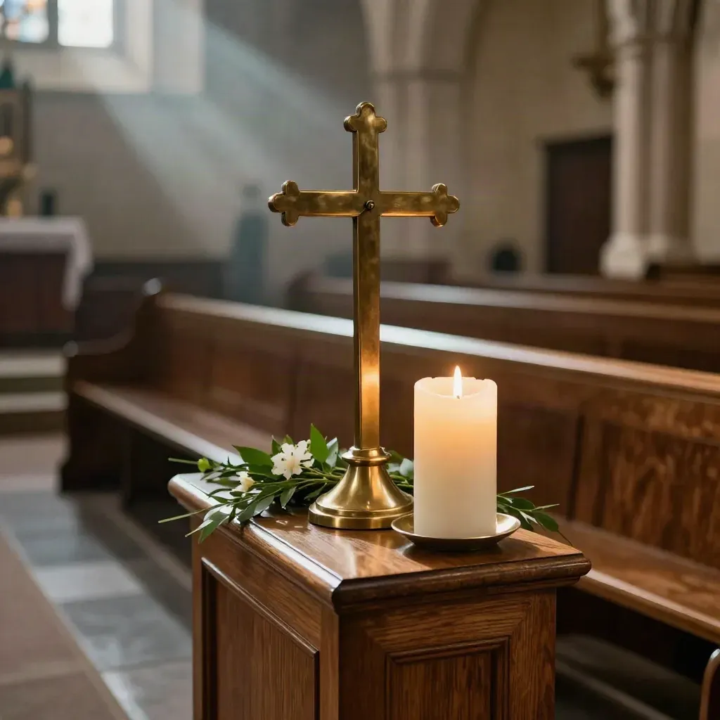 Brass cross, altar candles, and floral greens in a quiet Sunday worship sanctuary.