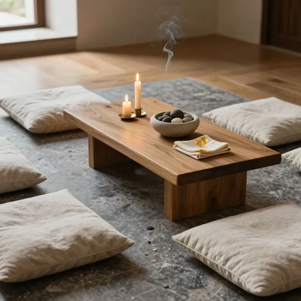 Prayer corner with lit candles, cushions, low table and stone bowl, seen from slightly above