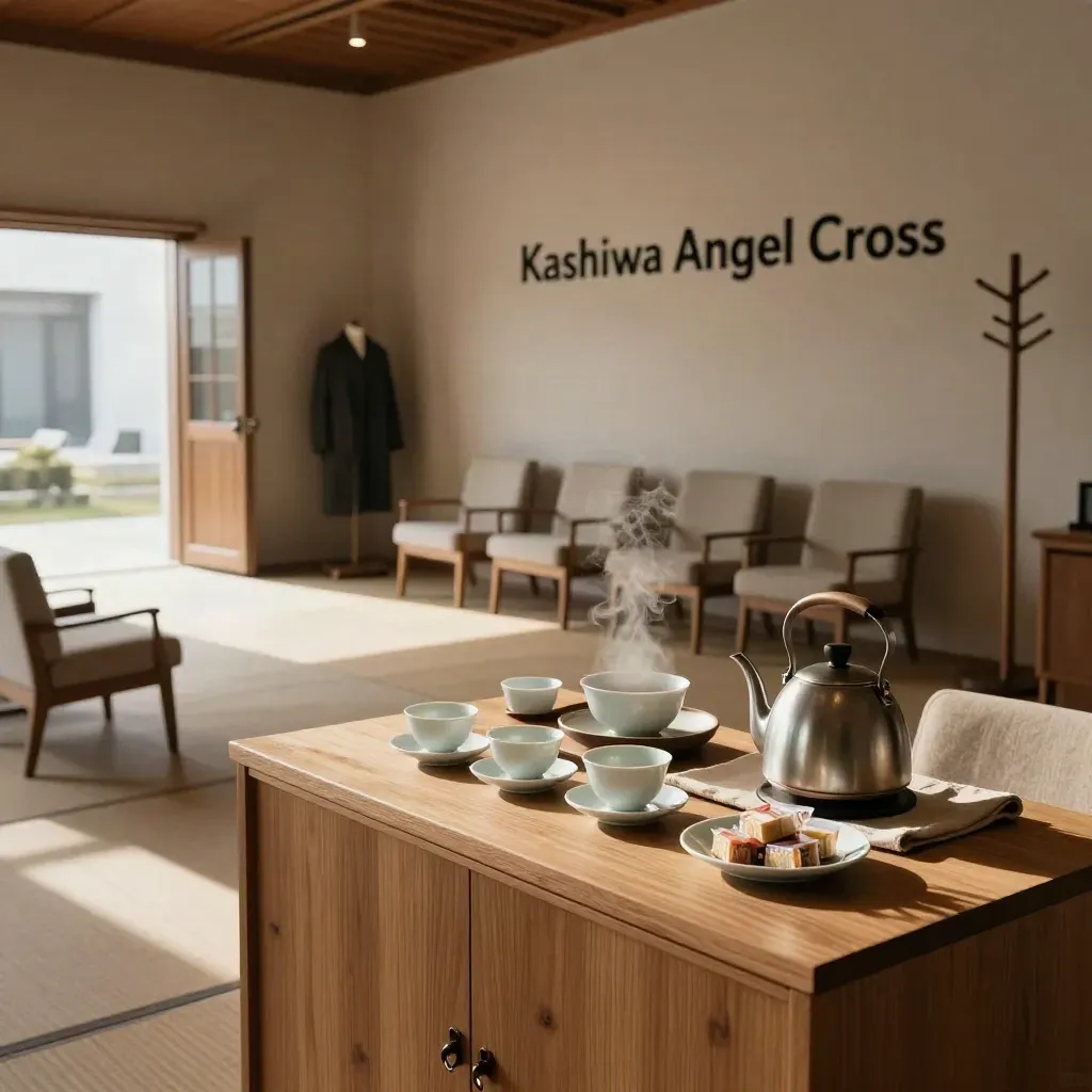 Tea welcome corner in a church lobby with chairs, coat rack, and open sanctuary doors