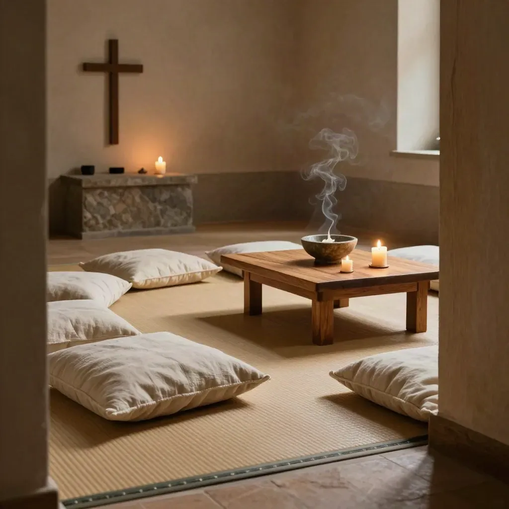 Candlelit prayer room with cushions, low table, and smoke-soft calm after worship