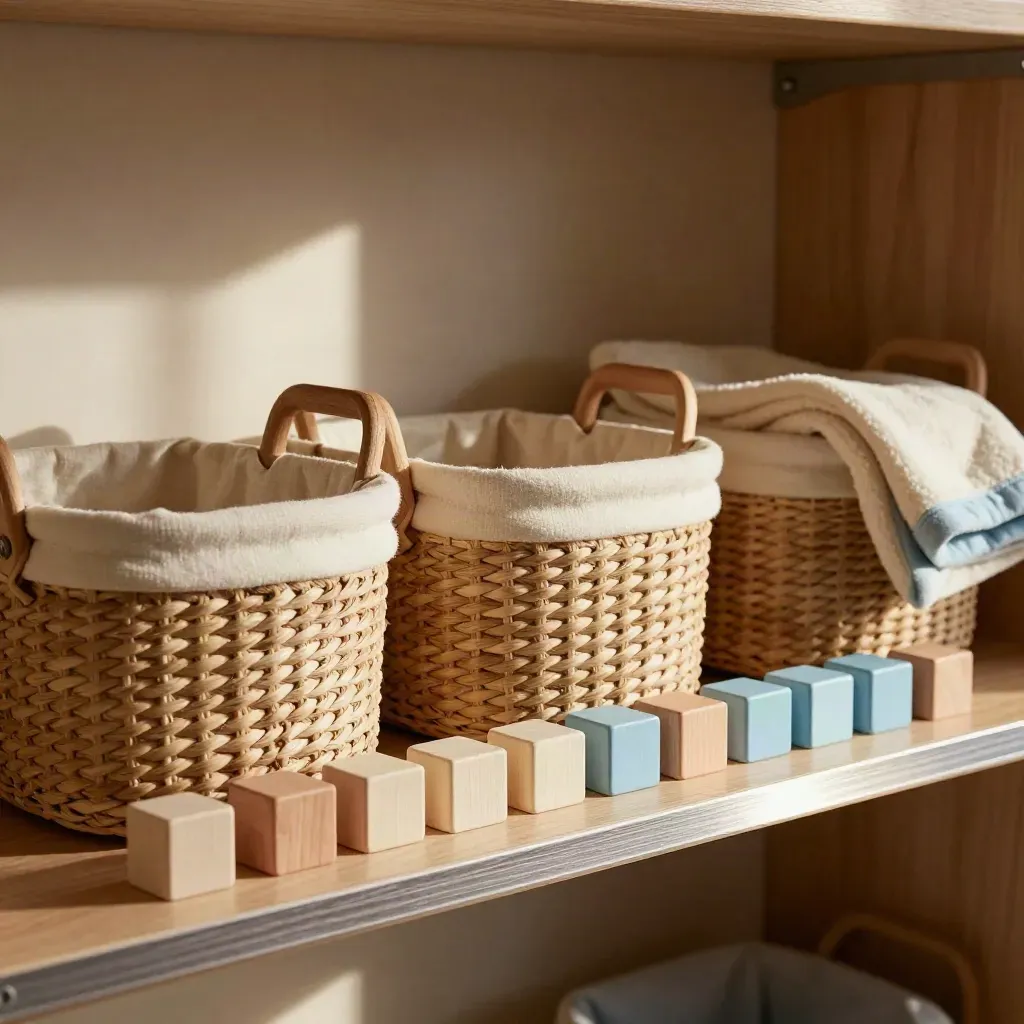 Extreme macro of a family ministry shelf with baskets, blanket, and toy blocks in warm sunlight