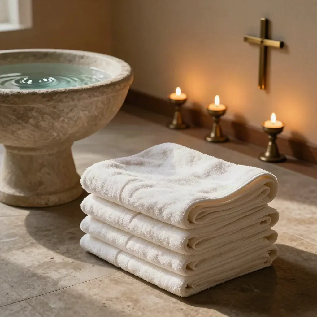 Baptism font, folded towels, robe hooks, and candle stands in a quiet church corner.