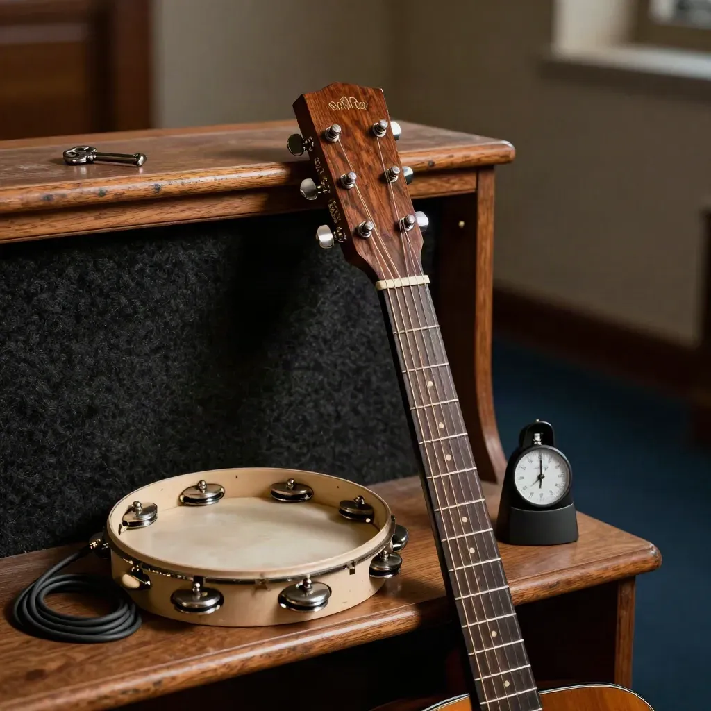 Guitar headstock, capo, tambourine, cable, and metronome base on a walnut shelf