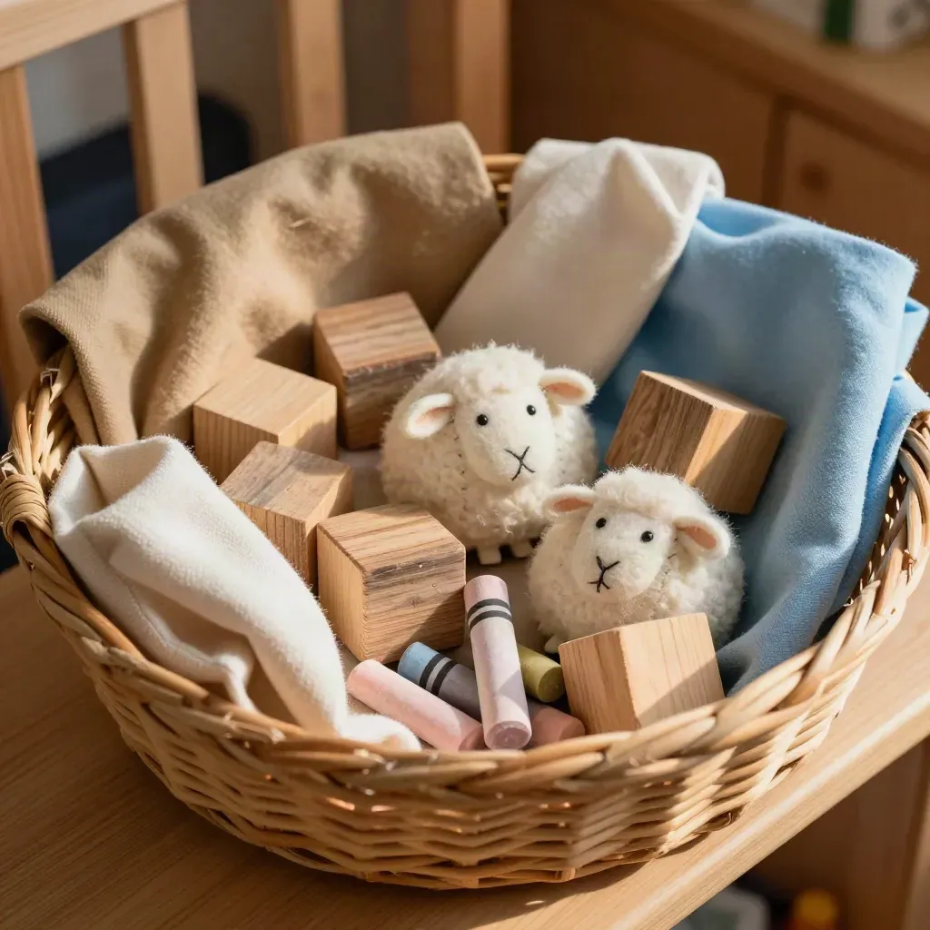 Basket of wooden blocks, felt sheep, crayons and cotton fabric in a church children’s room.