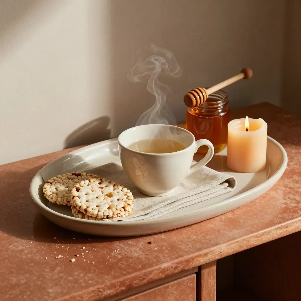 Overhead prayer tray with steaming teacup, rice crackers, honey jar and candle on rustic stone.
