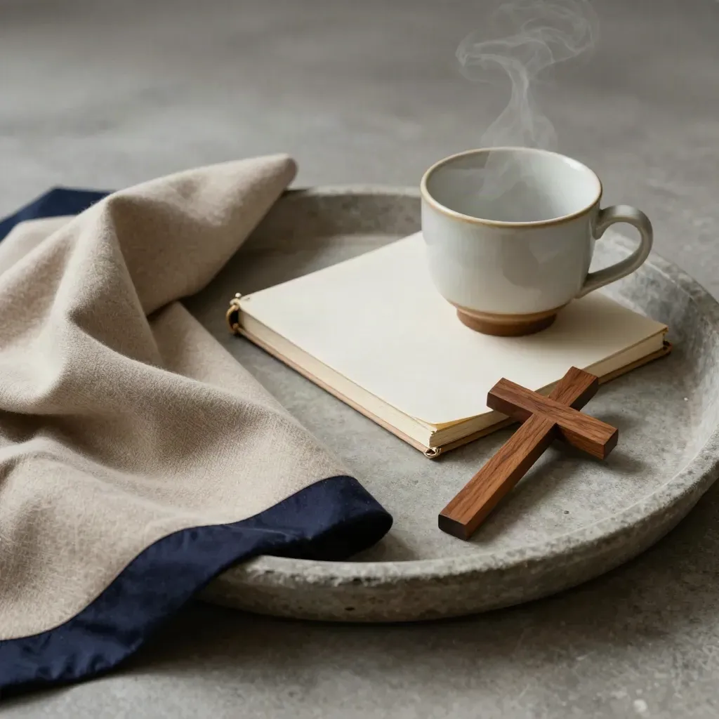 Pastor stole, notebook, teacup, and wooden cross arranged on a stone tray