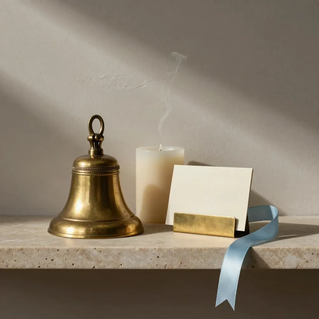 Brass bell, candle, ribbon bookmark, and card holder on a stone shelf.