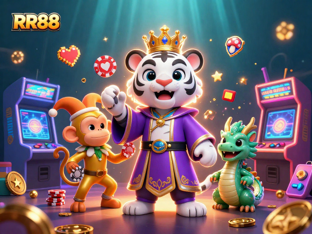 Experience RR88's vibrant world with animated casino characters in an enchanting 3D scene.