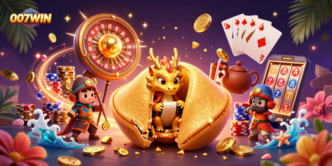 Engage in thrilling gaming at 007WIN with gold coins, a vibrant 3D scene of fortune cookies and casino elements.