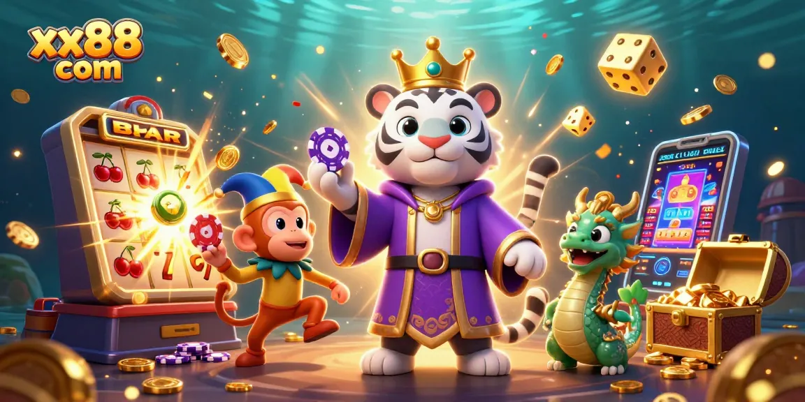 Play and win at xx88 com with this vibrant 3D illustration of a tiger, monkey, and dragon in a thrilling casino scene.