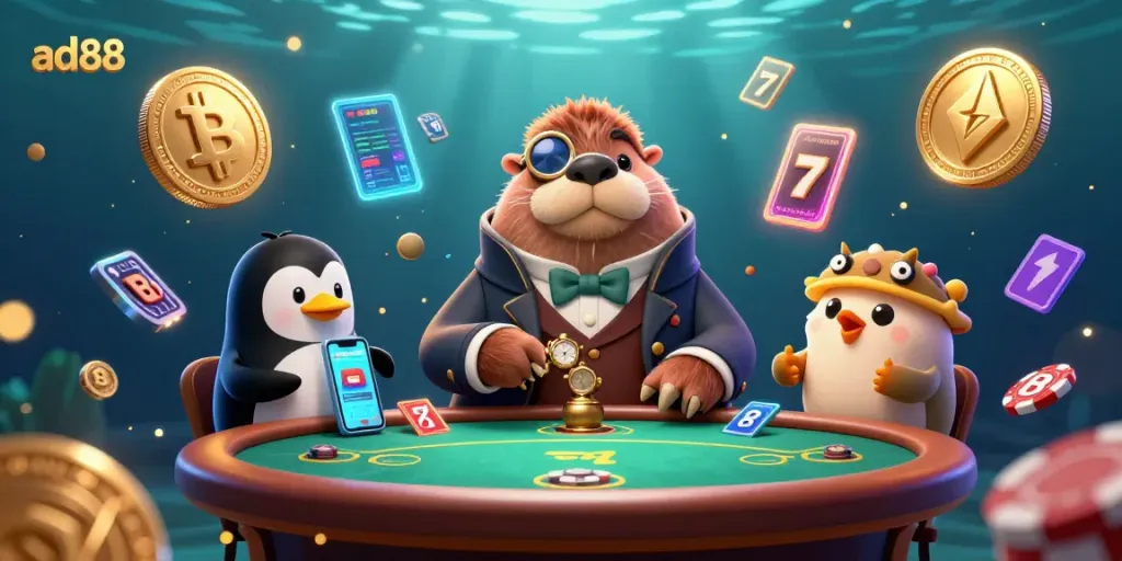 Engage in ad88's thrilling underwater poker scene with whimsical characters and crypto elements.