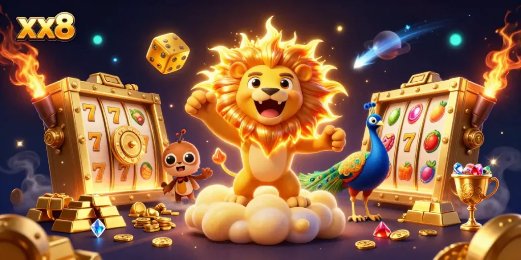 Experience the thrill of xx8 with a dazzling 3D illustration showcasing slots, golden dice, and treasure.