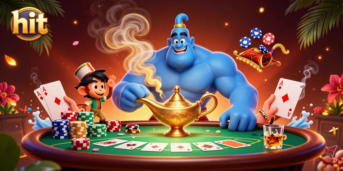 Experience thrilling hit gameplay with a genie, poker chips, and a magical carpet in this vibrant casino scene.