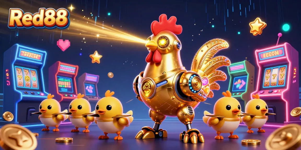 Engage with exciting Red88 gaming experiences featuring a golden rooster robot and arcade elements.