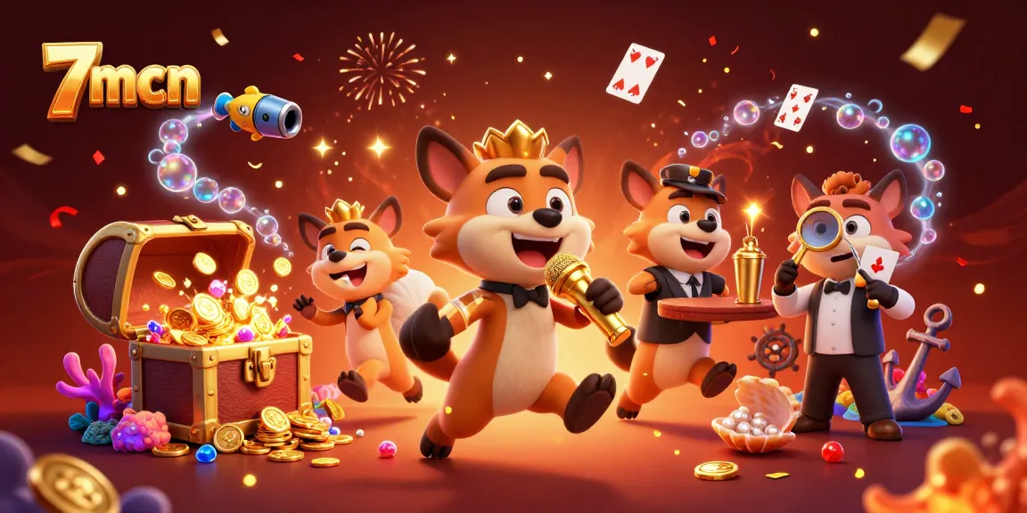 Engage with the lively scene at 7mcn's comedy casino club, featuring animated hyenas, vibrant decorations, and celebratory elements.