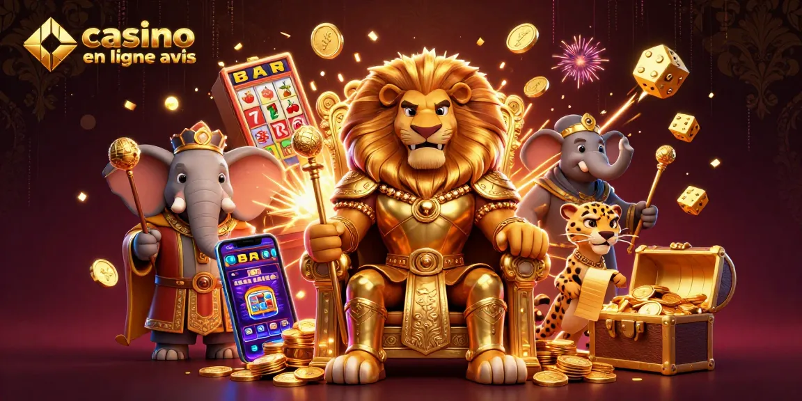 Image de jeu casino en ligne avis avec un roi lion, un éléphant sage et un guépard messager entourés d'éléments de jackpot