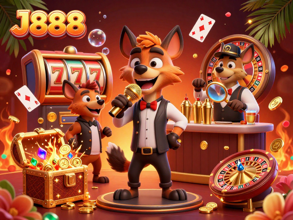 Experience the lively J888 casino scene with hyena characters in a thrilling gaming atmosphere.