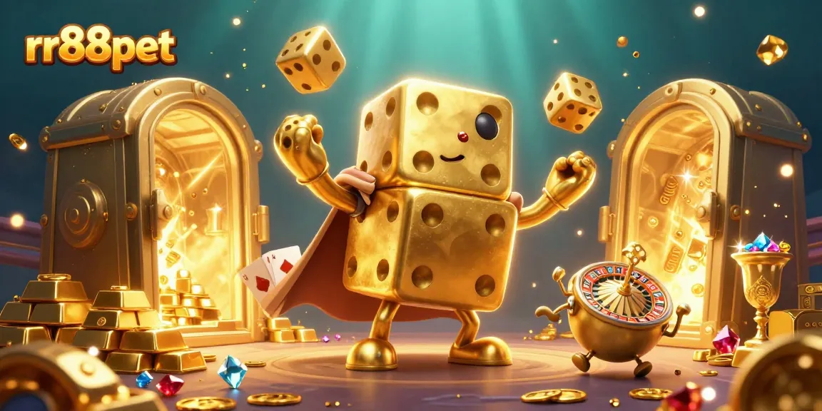 Experience the thrill of rr88pet with golden treasures and dynamic gaming characters in an exciting illustration.