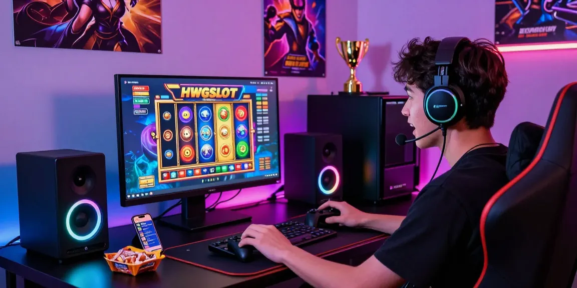 Engaging HWGSLOT online gaming scene with vibrant slot game interface and gaming accessories.