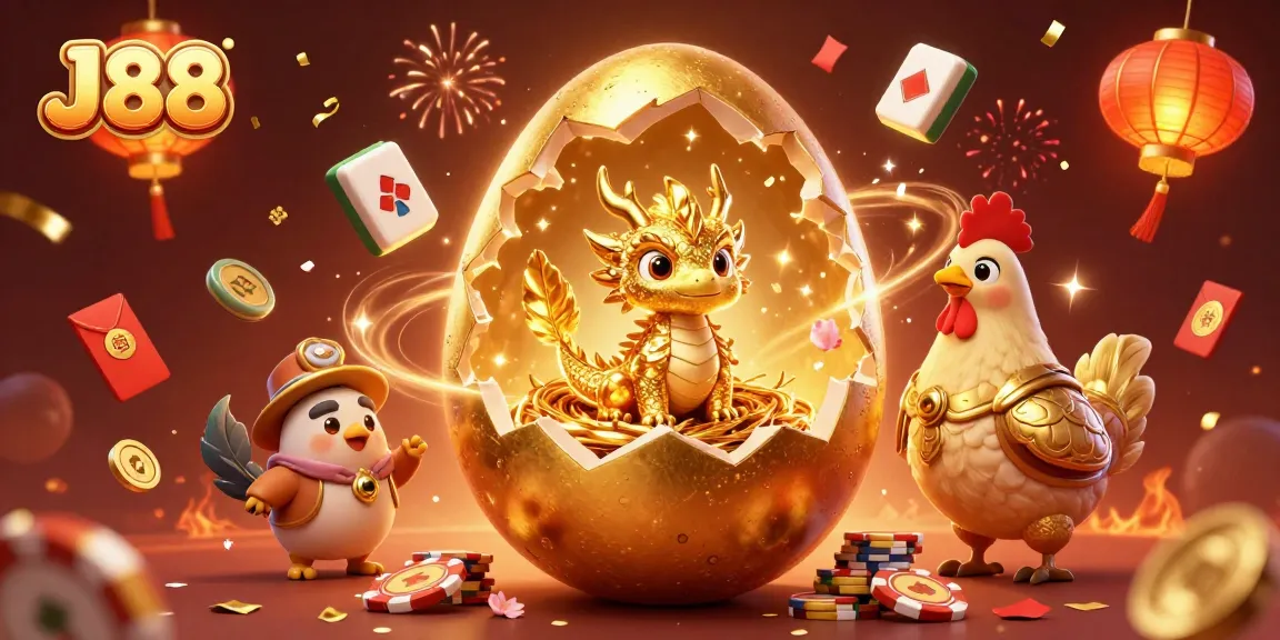 Experience thrilling moments at J88 with golden dragon, poker chips, and festive casino elements.