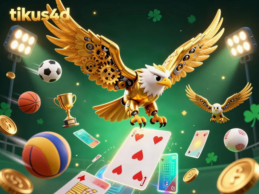 TIKUS4D's interactive eagle dives among holographic cards and dynamic sports elements for an immersive gaming experience.