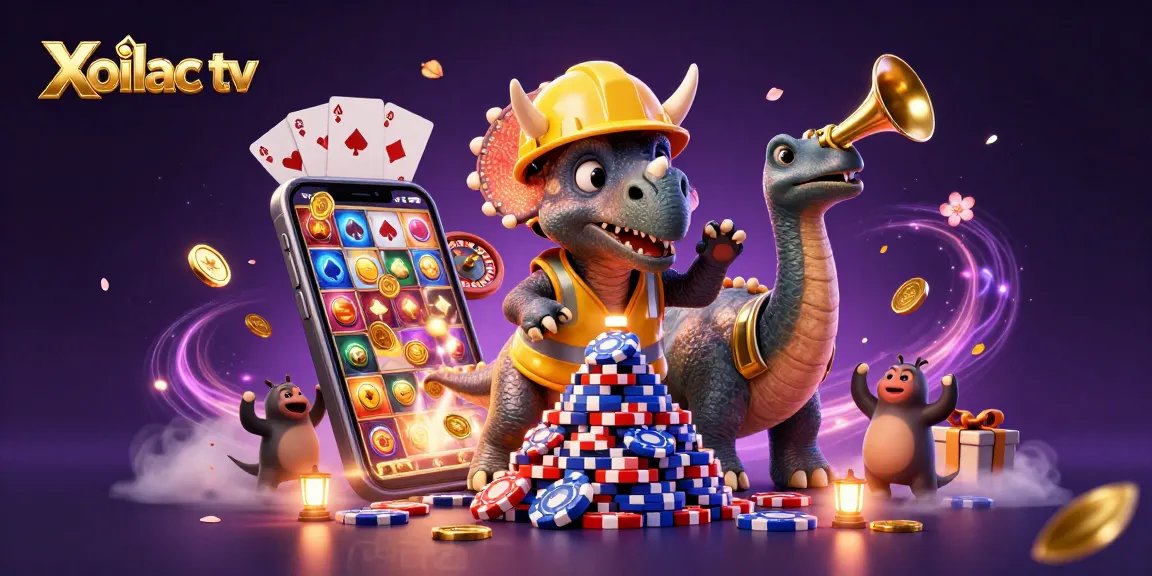 Xoilac tv showcases a triceratops building poker chips in a vibrant casino-themed scene.