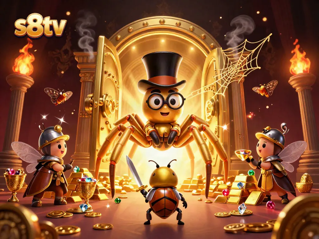 S8tv gaming scene featuring a golden tarantula and beetle knight amidst jewels and coins.