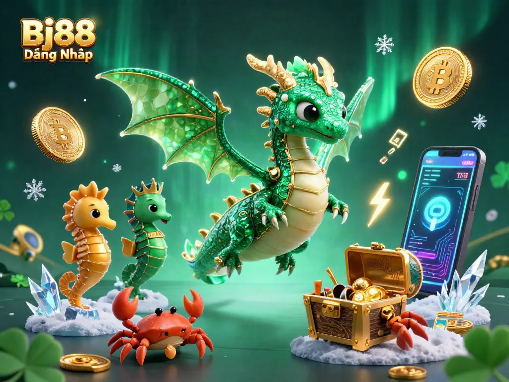 Engage with Bj88 Đăng Nhập in a vibrant 3D casino scene filled with glowing crypto elements.