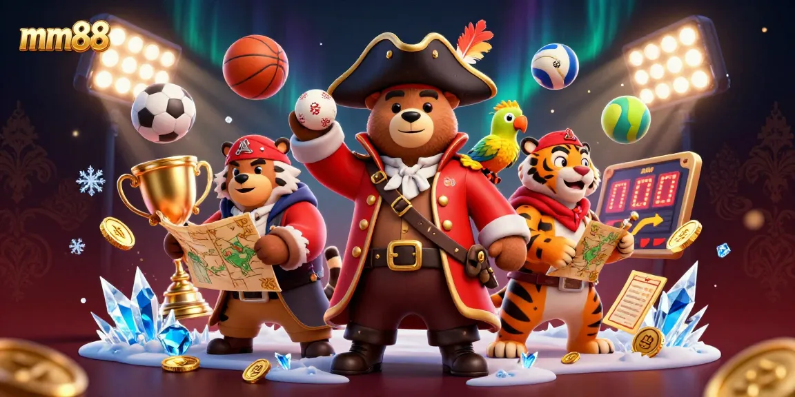 Engage in exciting gambling with mm88 featuring a pirate bear and a tiger, surrounded by sports elements.