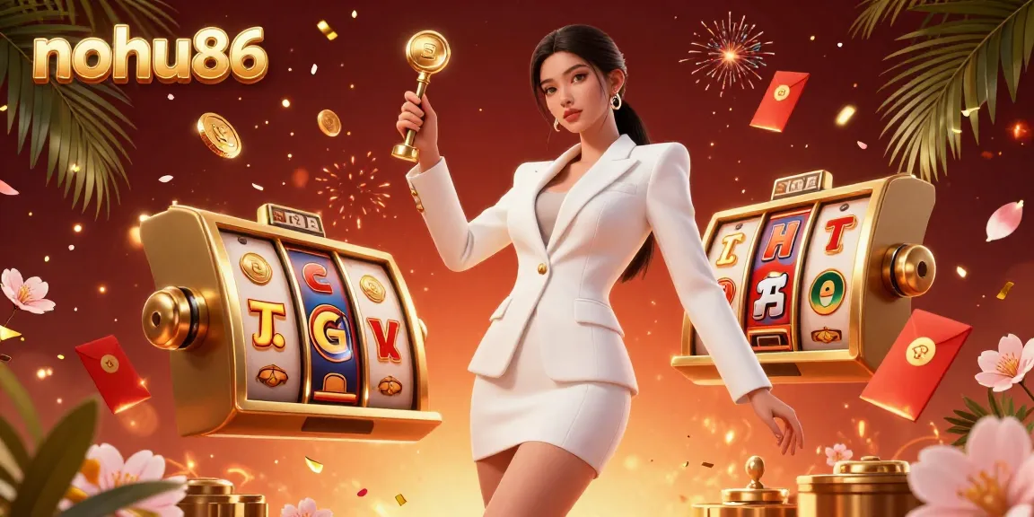 Nohu86 highlights an Asian woman celebrating a jackpot victory in a luxurious casino setting filled with slot games and vibrant elements.