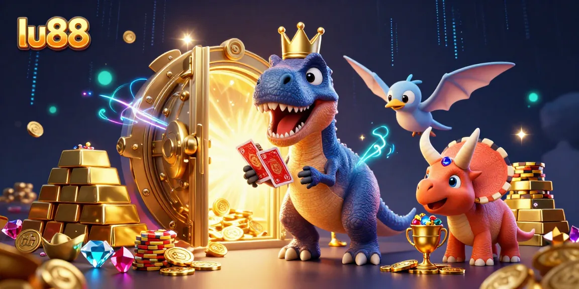 Experience thrilling actions at lu88 with a T-Rex shuffling cards and a triceratops stacking chips in a vibrant casino.