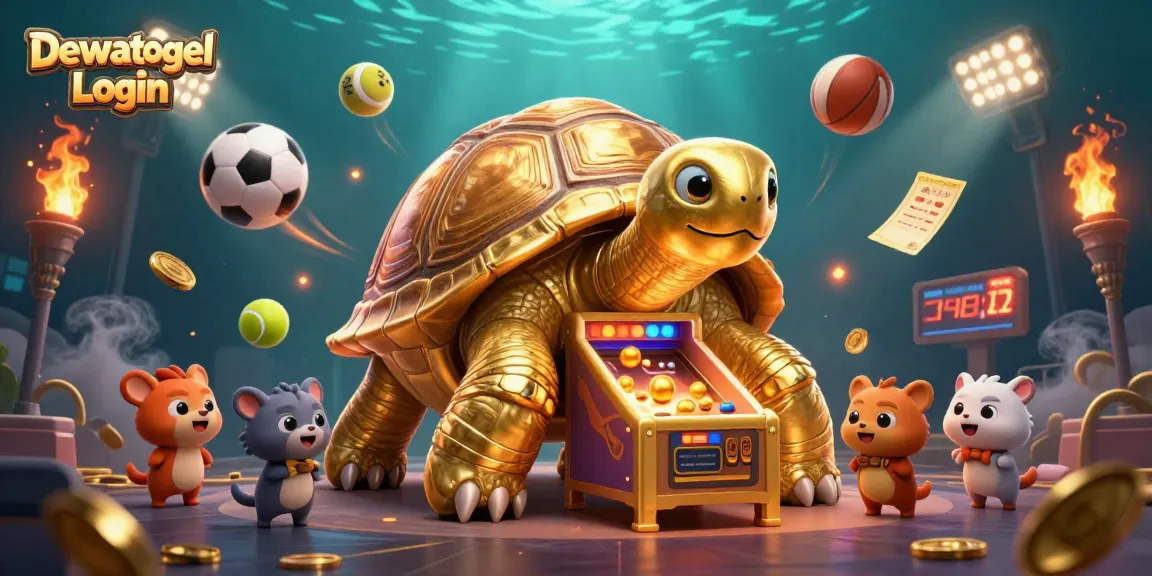 Play exciting Toto with DewaTogel Login featuring a vibrant illustration of golden tortoise and sports balls.
