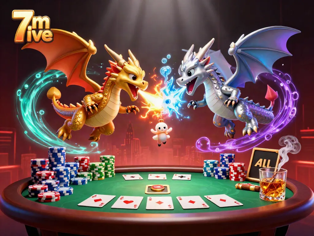 Engage in thrilling 7m live experiences with twin dragons entwined amidst vibrant poker action.