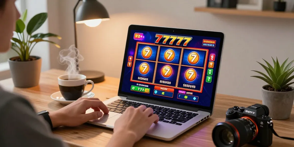 Woman enjoying slot777 games on a laptop in a cozy home office setting, vibrant graphics on screen.