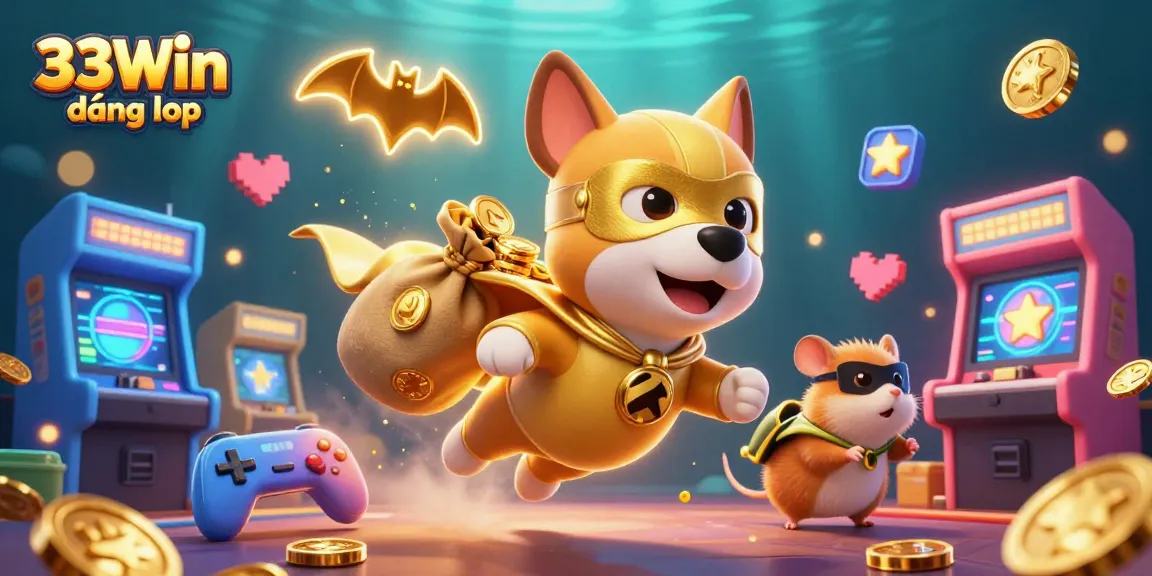 Engage with the 33Win đăng nhập experience through this vibrant 3D illustration of a heroic dog and hamster.