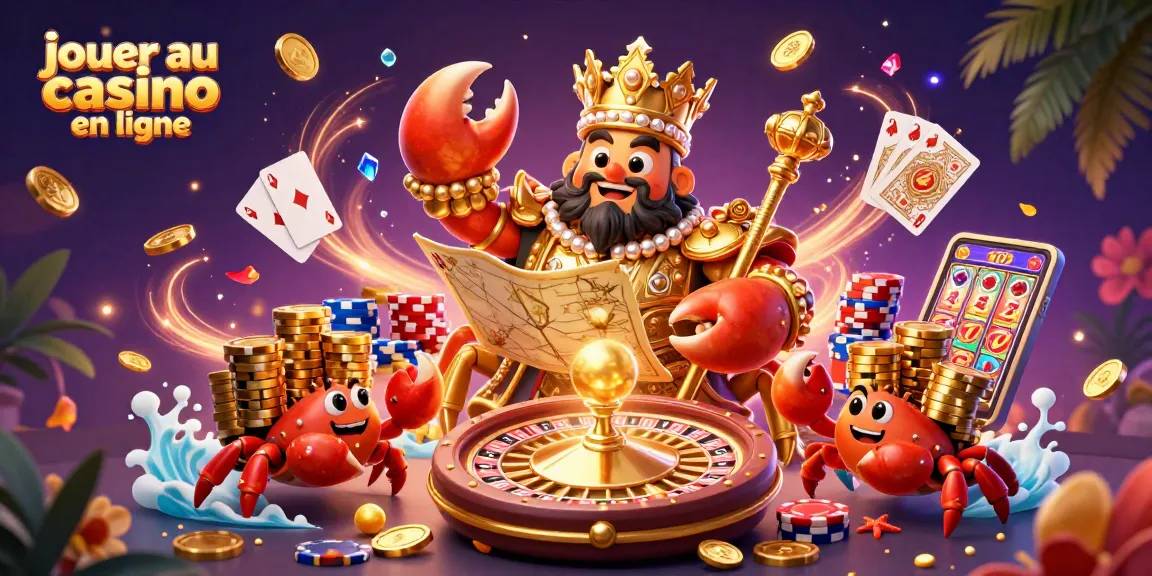 Jouez au casino en ligne avec le crabe empereur et ses serviteurs transportant des jetons dorés.