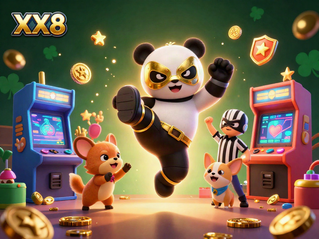 Engaging XX8 casino scene featuring a panda wrestler and chihuahua referee with dynamic game elements.