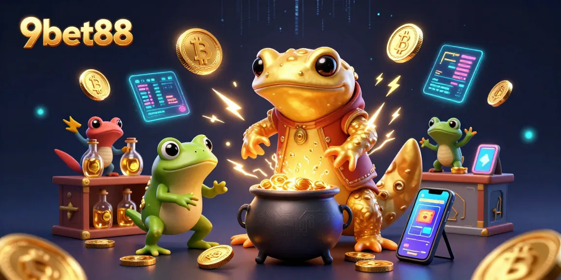 Engage with the vibrant 9bet88 casino scene featuring golden alchemists and crypto elements.
